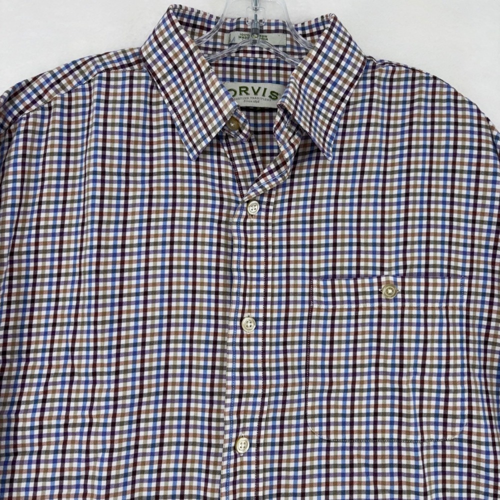 Orvis Mens Large Gingham Plaid Button Down Shirt Blue Brown 100% Cotton L/S